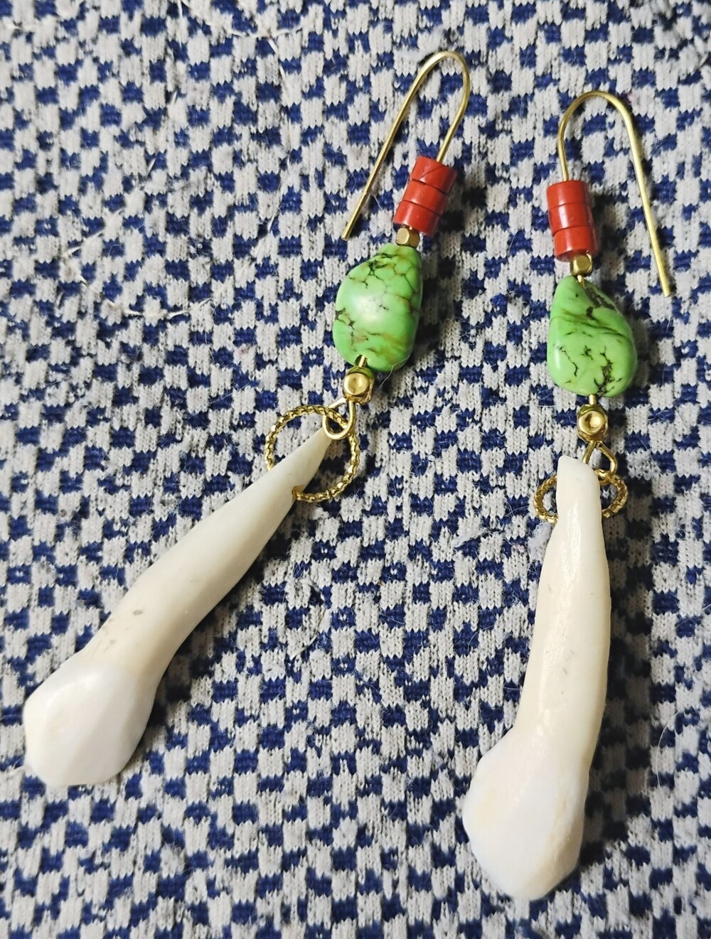 Handmade Chunky Buffalo Tooth and Green Turquoise Nugget, Red Jasper Earrings